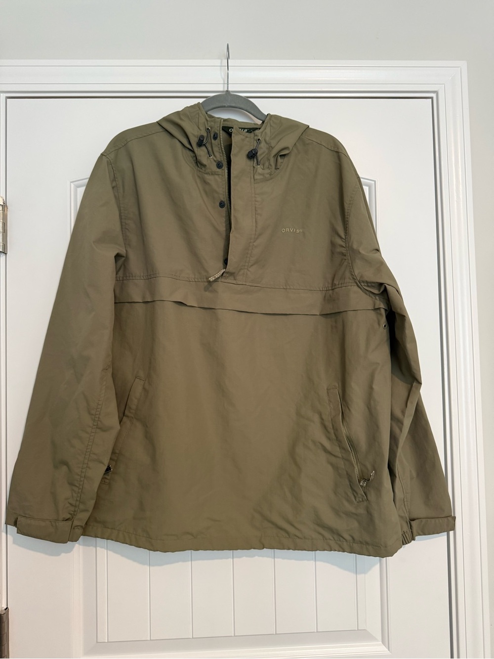 Orvis Men’s Olive Green 100% Nylon Hooded Anorak Pullover Jacket